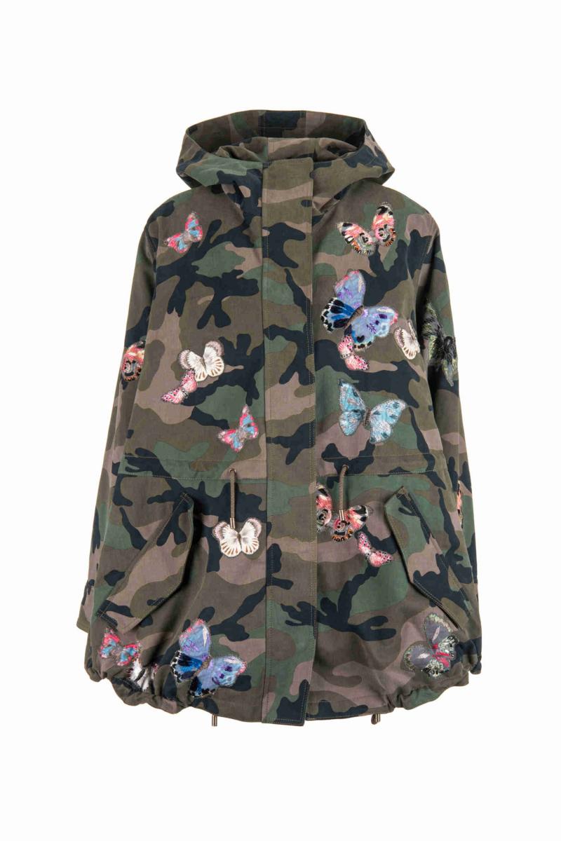 VALENTINO Camouflage parka + embroidered butterflies